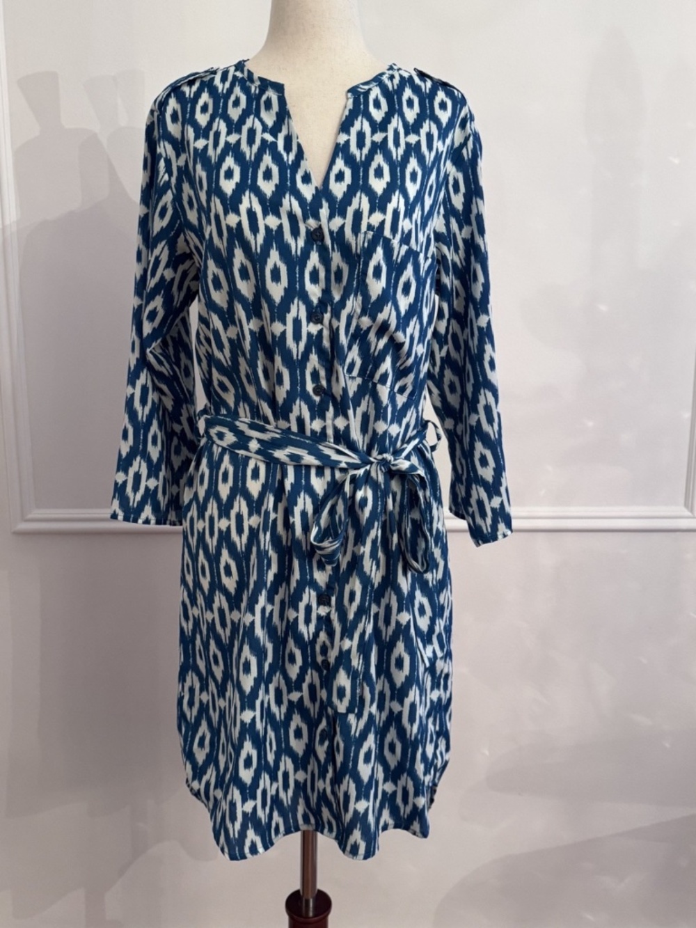 Anthropologie Maeve Dress S Blue White Ikat Button Front Tie Waist Long Sleeve
